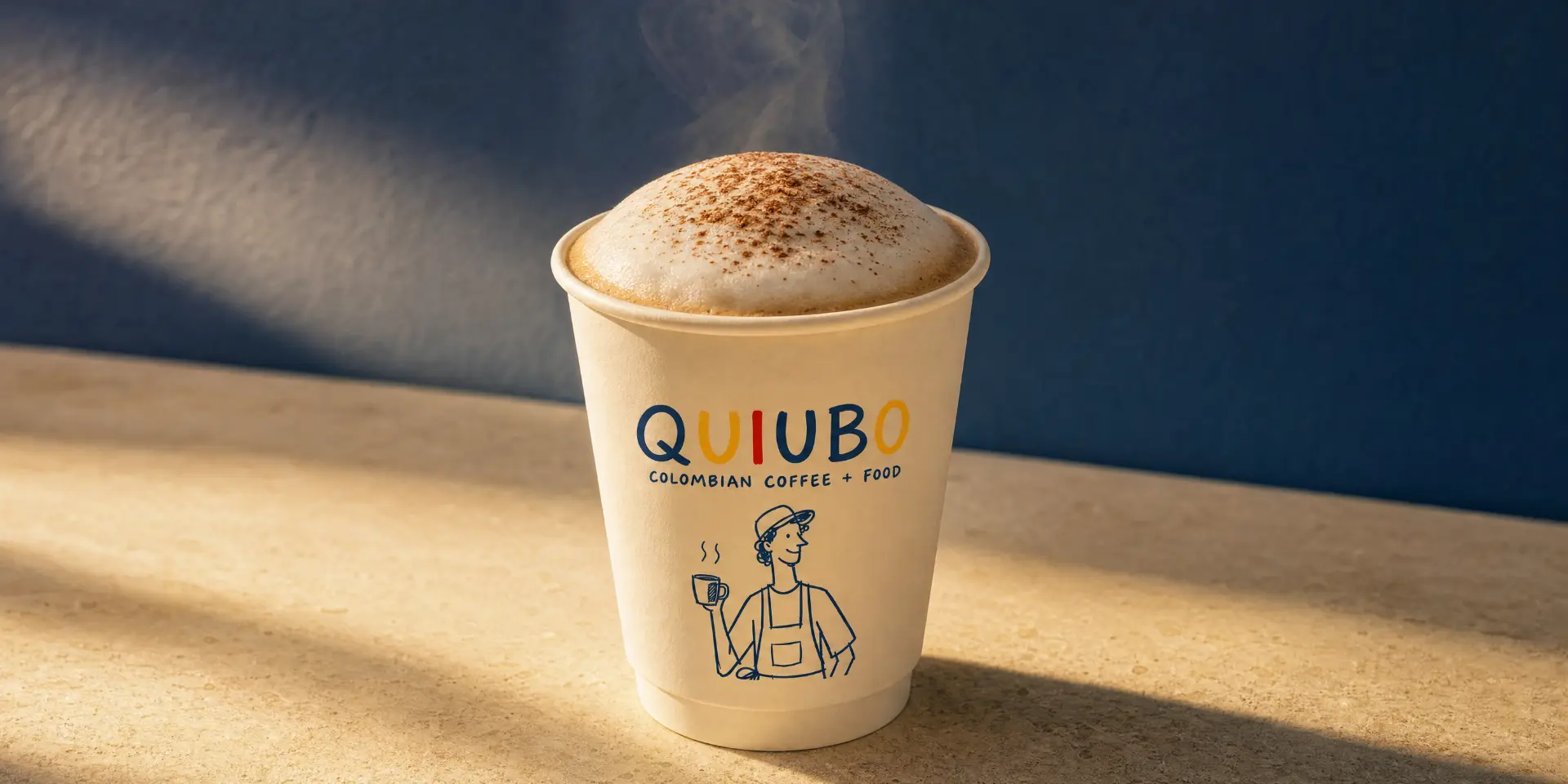 Cappuccino QUIUBO en vaso de papel crema con espuma densa espolvoreada con cacao